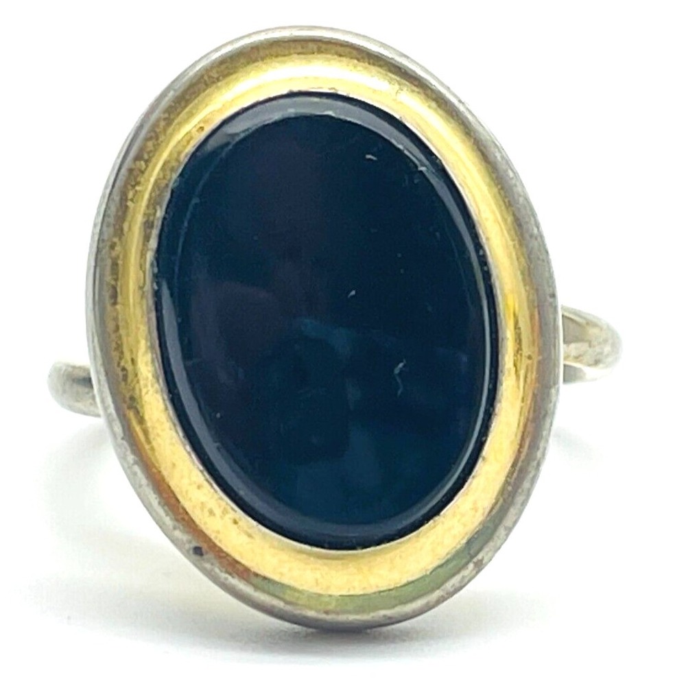 Vintage Black Bead Cabochon Gold Tone Adjustable Ring Costume Jewelry